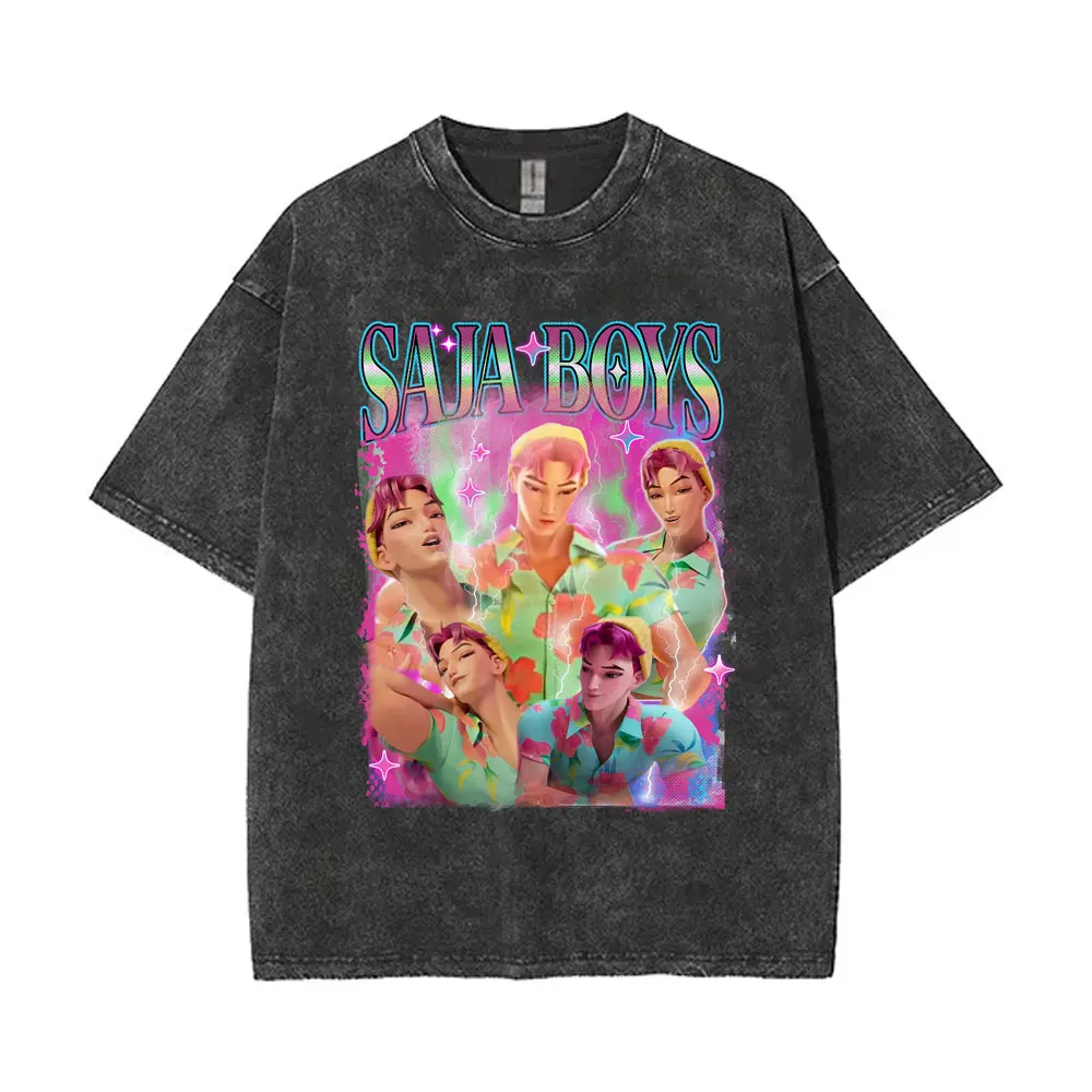 

Kpop Demon Hunters Saja Boys Vintage Washed T-shirt Men Women Fashion Cartoon Trend T Shirt Men's 100% Cotton Oversized T-shirts