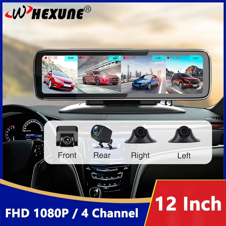 12 Inch Rearview Mirror 4 Channel Video Recorder 4 Split Display Dash Cam Cameras 360° Panoramic Dashboard Car DVR FULL HD 1080P