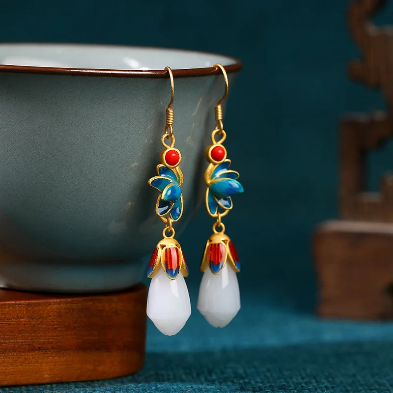 Серьги Aieryuan S925 с серебряной иглой, позолоченные, имитация нефрита Hetian Guochao Jingtai, синий лотос, магнолия, серьги-крючки для ушей, темперамент