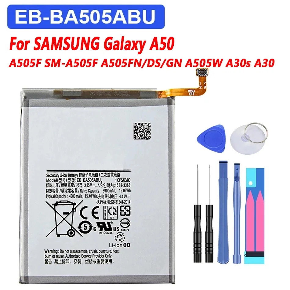 

Battery For Samsung Galaxy A50 A505F SM-A505F A505FN/DS A505GN/DS A505W A30s A30 SM-A507FN A50S, EB-BA505ABN EB-BA505ABU,4000mAh