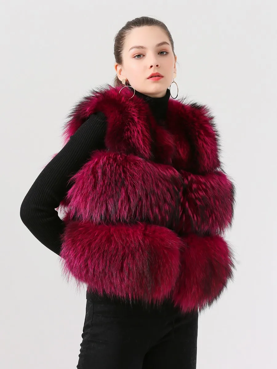 2023 New Arrival Hot Sale Women Real Raccoon Fur Coat Vest Gilet Short Vest Thick Fluffy Fur Coat