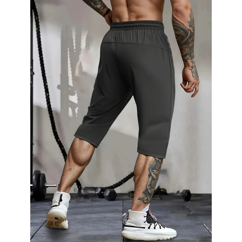 Men's Classic Shorts Summer Casual Sports High Elastic Waist Drawstring Cropped Pants Black Man Clothes Gym Running For Exercise