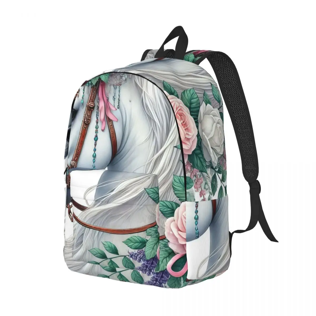 Aesthetic Backpack Clustered Horse Roses Lavender Dreamcatcher Soft Botanical White Pink Pu Girls Bookbag for Valentine Birthday