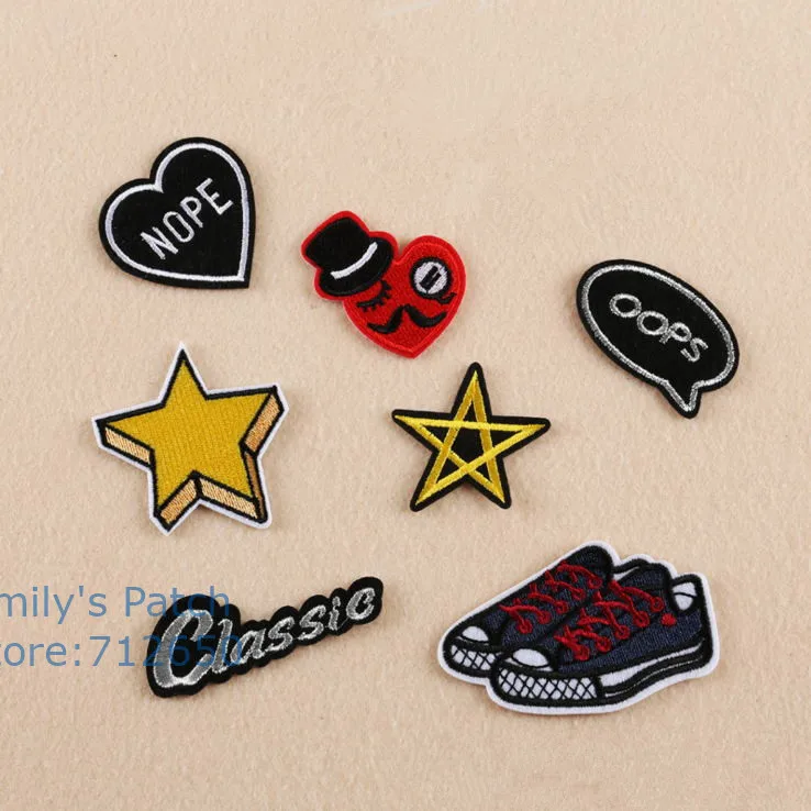 2017 New Patches oops classic stars shoe Embroidered patches iron on Motif Applique embroidery patches DIY accessory 10 pcs