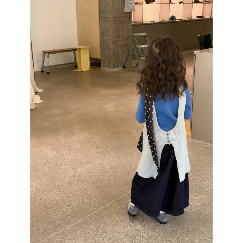 2025Autumn New Children's Clothing Children's Clothing Girls' Mid-Length Sleeve Long Knitted Dress Backless Hollow Out Dress