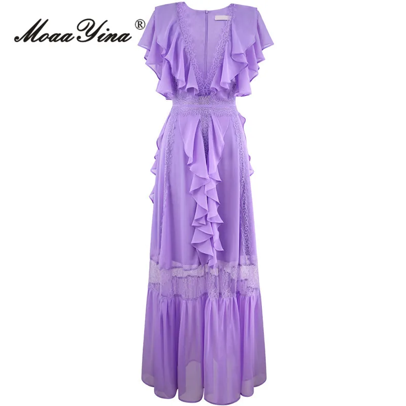 

MoaaYina Summer Fashion Runway Violet Vintage Party Dress Women Sexy Deep V Neck Sleeveless Ruffles Lace Spliced Vest Long Dress