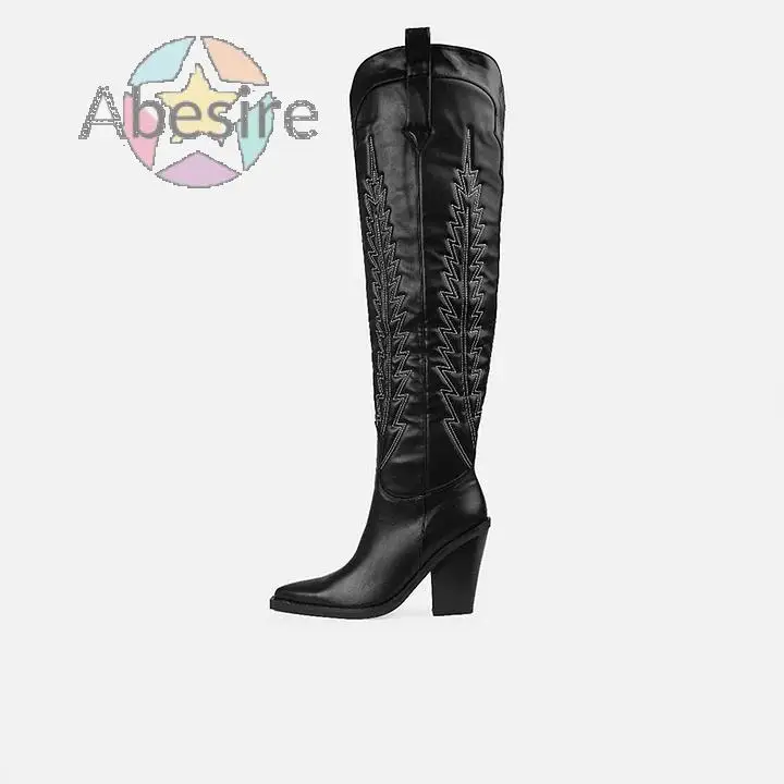 2024 New Women's Sexy Black Pointed Toe Chunky Heel Embroidered Over-The-Knee Cowgirl Boots Side Zipper Modern Long Boots