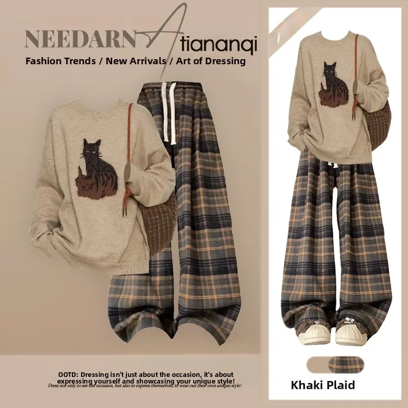 

New Design Cartoon Print Knitted Sweater And Plaid Slimming Casual Pants Two-Piece Set Women's Faion Spring Collection
