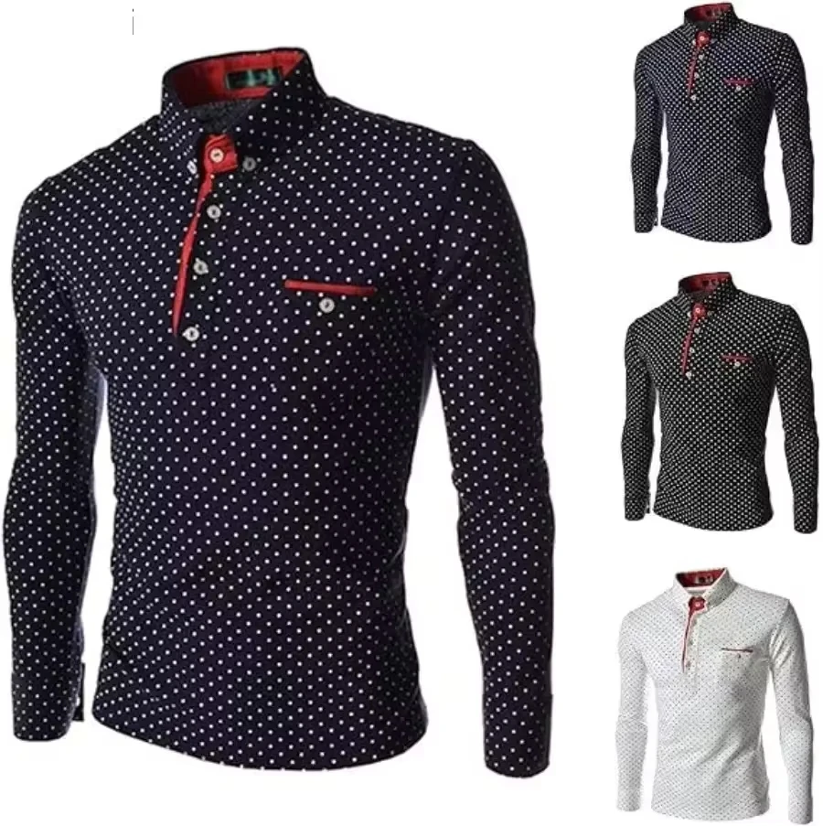 

Men's Trendy Wave Point Design Long Sleeve T-shirts Spring Autumn Men's Stand Collar Button Pullovers Casual Tops Shirts