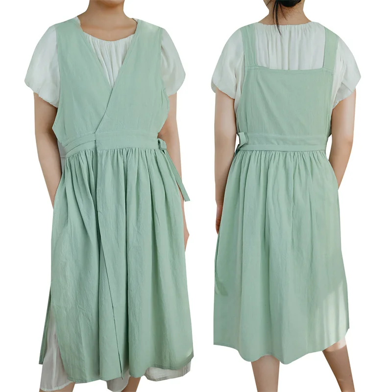 

Summer Long Double-sided Cotton Linen Ruffled Apron With Pocket Home Women V-neck Flat-neck Split Pinafore For Kitchen Garden