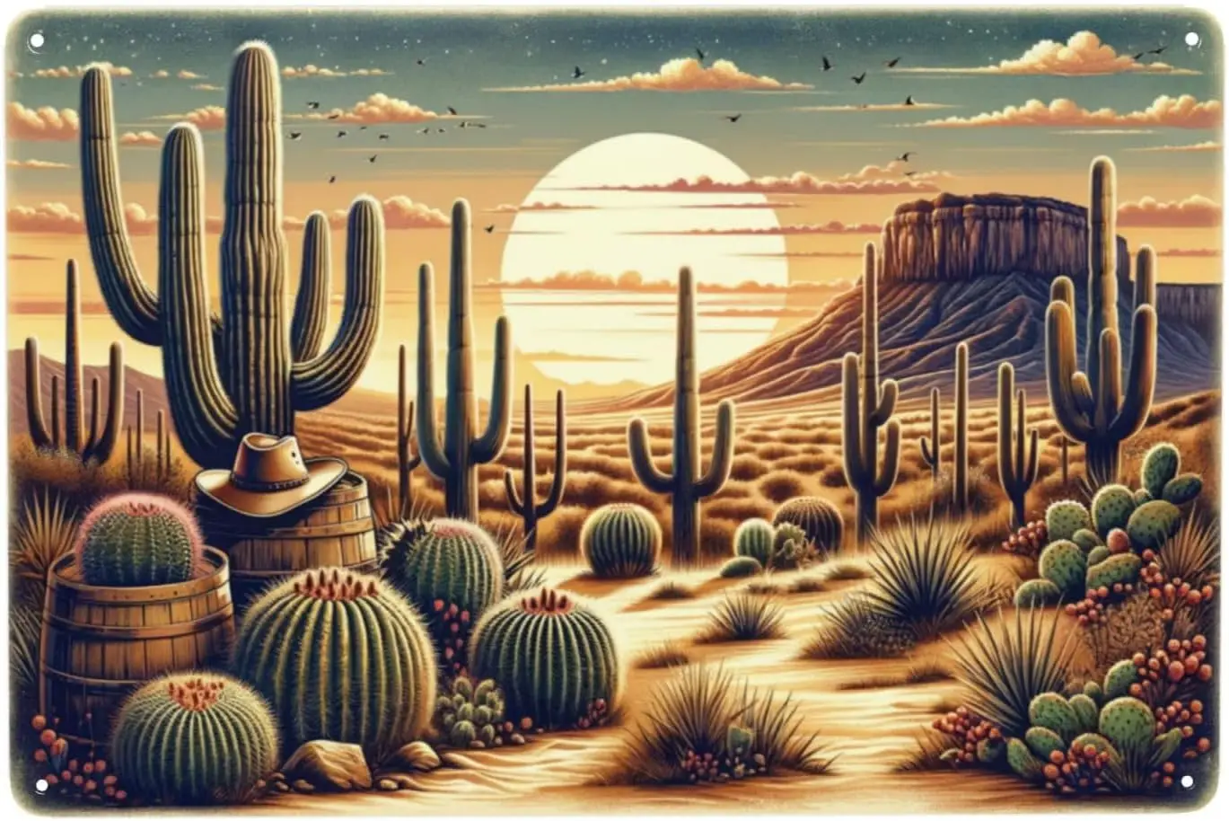 Golden Desert Sunset Sign Majestic Cactus Metal Tin Sign - Warm Western Landscape Wall Art for Rustic Home Decor --Tin Sign