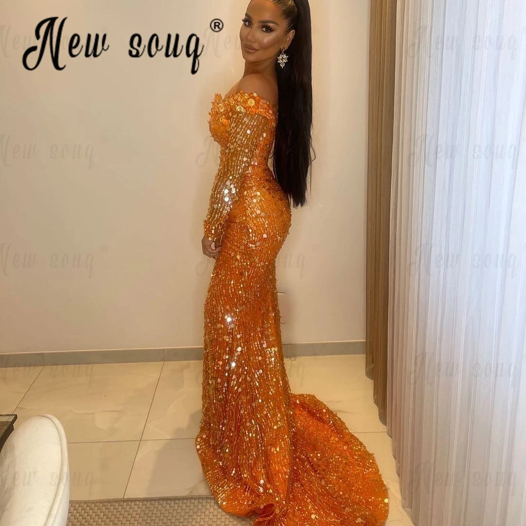 African Orange Sequins Cocktail Dress Long Mermaid Black Girl Evening Dress Beautiful SParkle Wedding Night Gowns Customize 2024