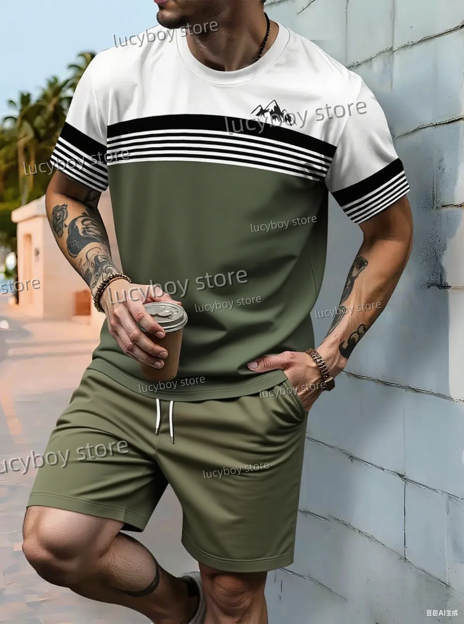 Summer Men Striped mountain peak  Print Set Short Sleeve T-Shirt Shorts Set Adult Sport Jogging Plus Size Tracksuit 2 Piece Set