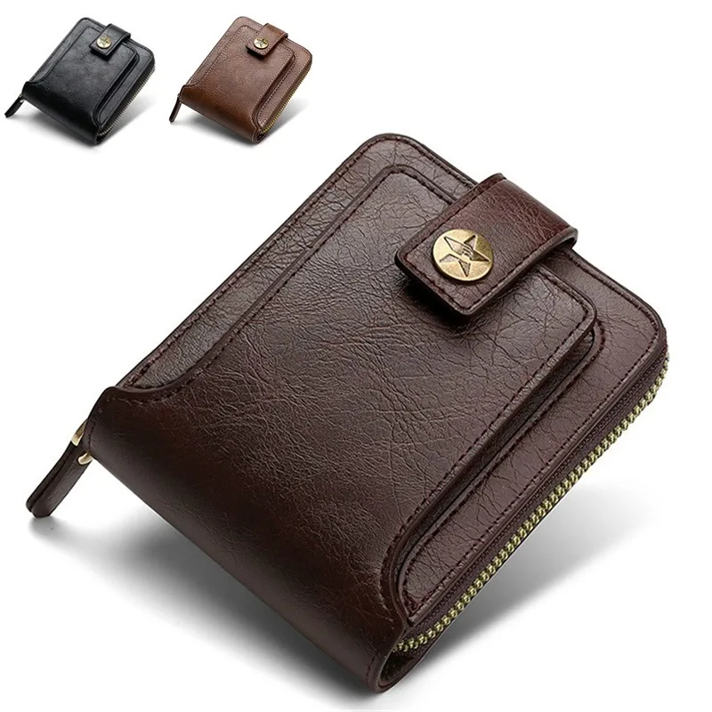 Vintage Small Men's Wallet Pu Leather Short Purse Men Hasp Zipper Clutch Solid Card Holder Money Bag Wallet Male Pocket