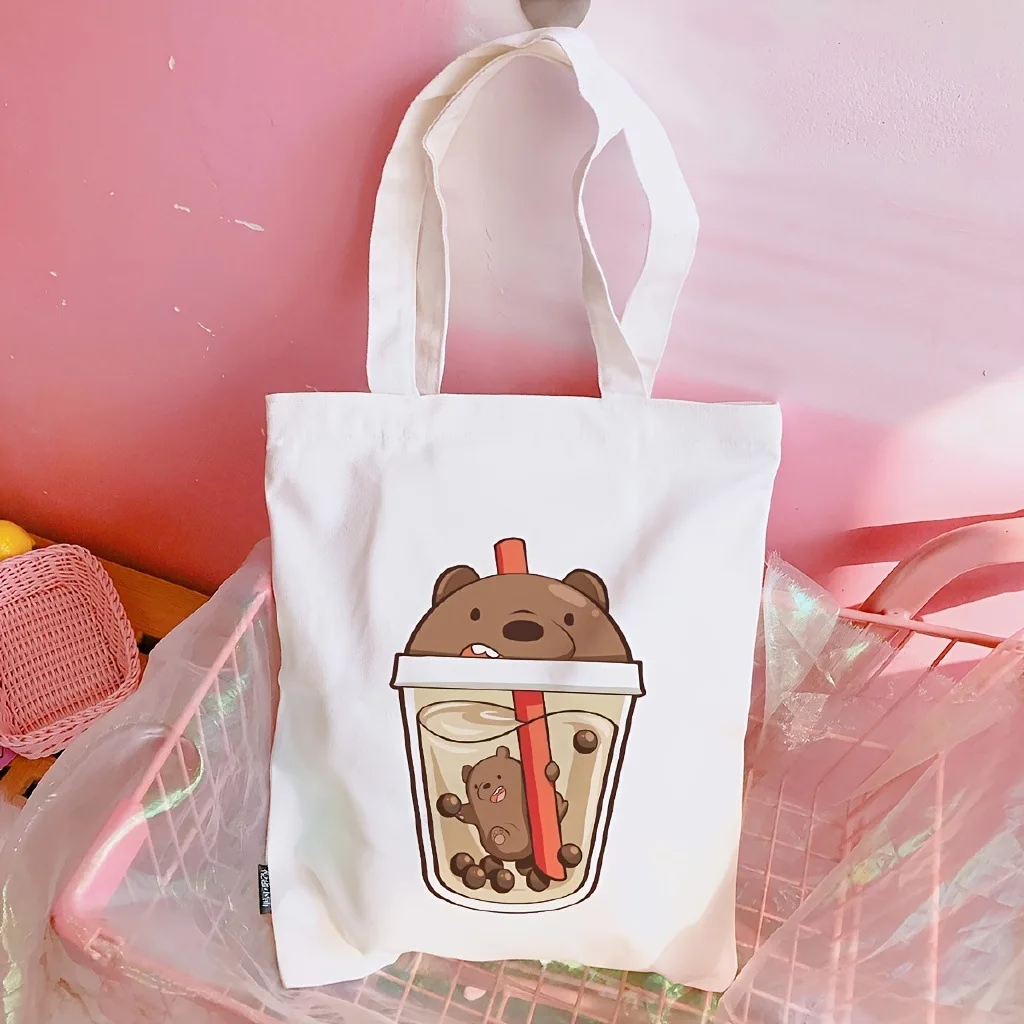 Canvas tote bag, Panda milk tea cartoon cup, Boba pearl, cute animals, cute and sweet daily handbag - view 4