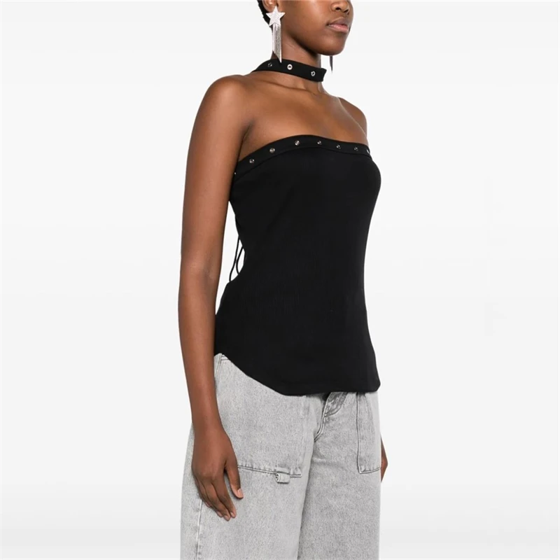 Zomer Nieuwe Dames Sexy Holle Off-Shoulder Halternek Strappy Vest Y 2K Mode Casual Hot Girl Slanke Afslankende Top
