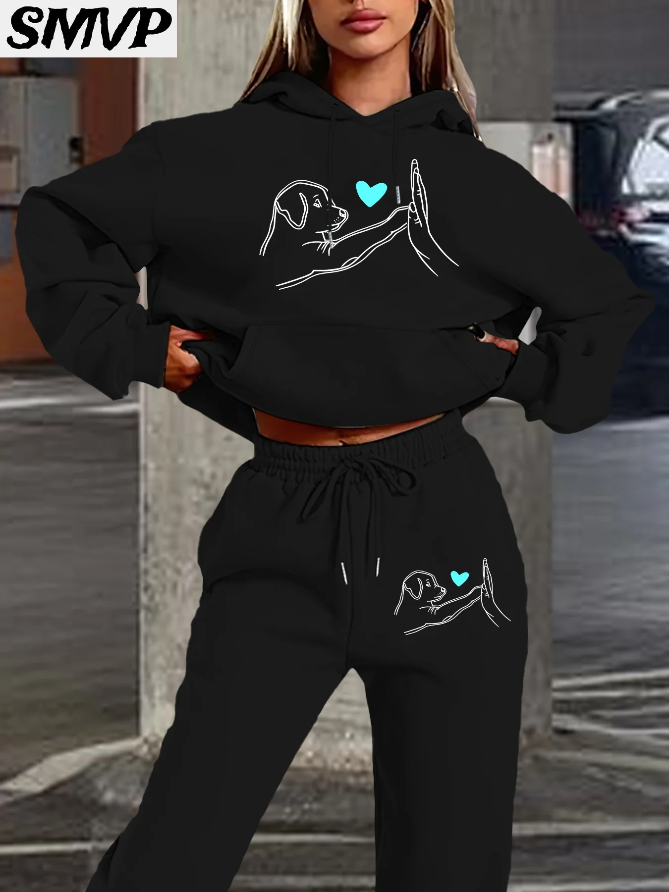 

SMVP для женщин и девочек, хлопковая толстовка с капюшоном, комплект из двух предметов, черная собака, сенсорная рука, синее сердце, повседневная одежда для дома, одежда для мамы и дочки