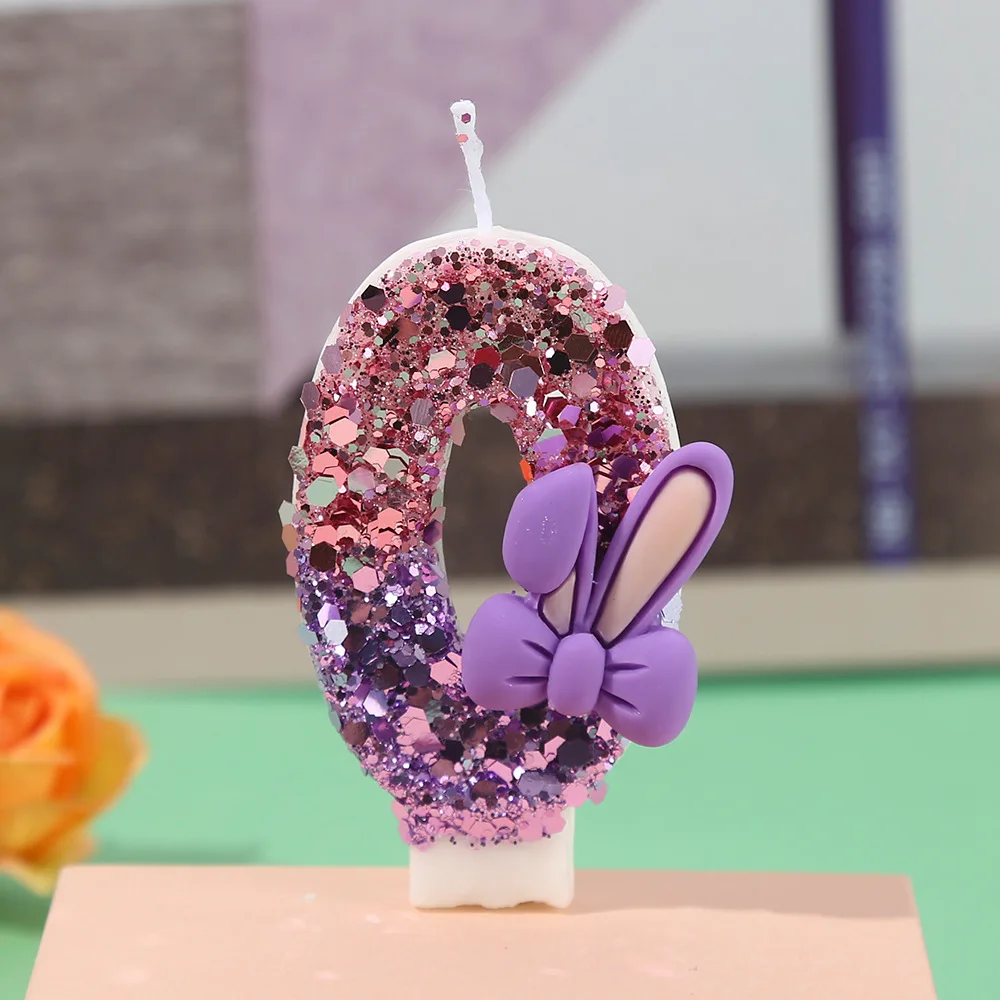Pink and purple mixed-color rabbit ear bow-shaped number candles, party gifts, birthday and anniversary party candles