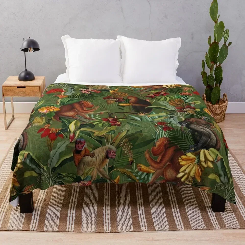 

Tropical monkey jungle pattern - dark green Throw Blanket Soft Home Decor Blanket for Couch Bedroom