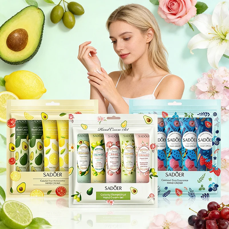 5Pcs/set SADOER Fruit Plant Fragrance Hand Cream Sets Moisturizing Repair Anti Dry Hand Lotion Sets Hands Skin Care Products