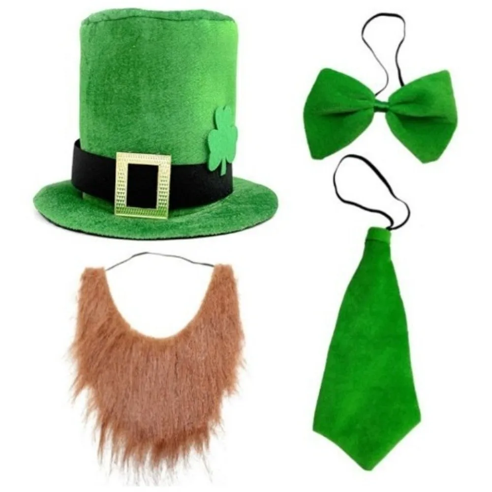 

Набор из 4 шт., нетканый материал, цилиндр на день Святого Патрика, искусственная борода, один размер, зеленый праздничный костюм, зеленый галстук-бабочка