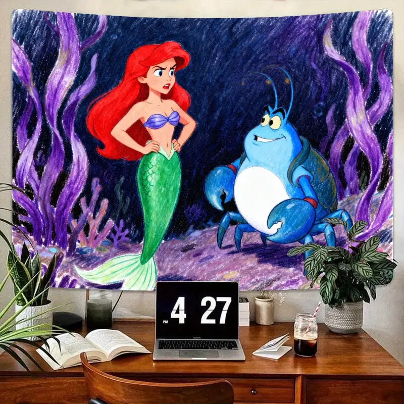 

1PC Disney Princess Ariel & Crab Tapestry, Vibrant Undersea Art Wall Decor for Kids Bedroom, Modern Polyester Gift for Girls.