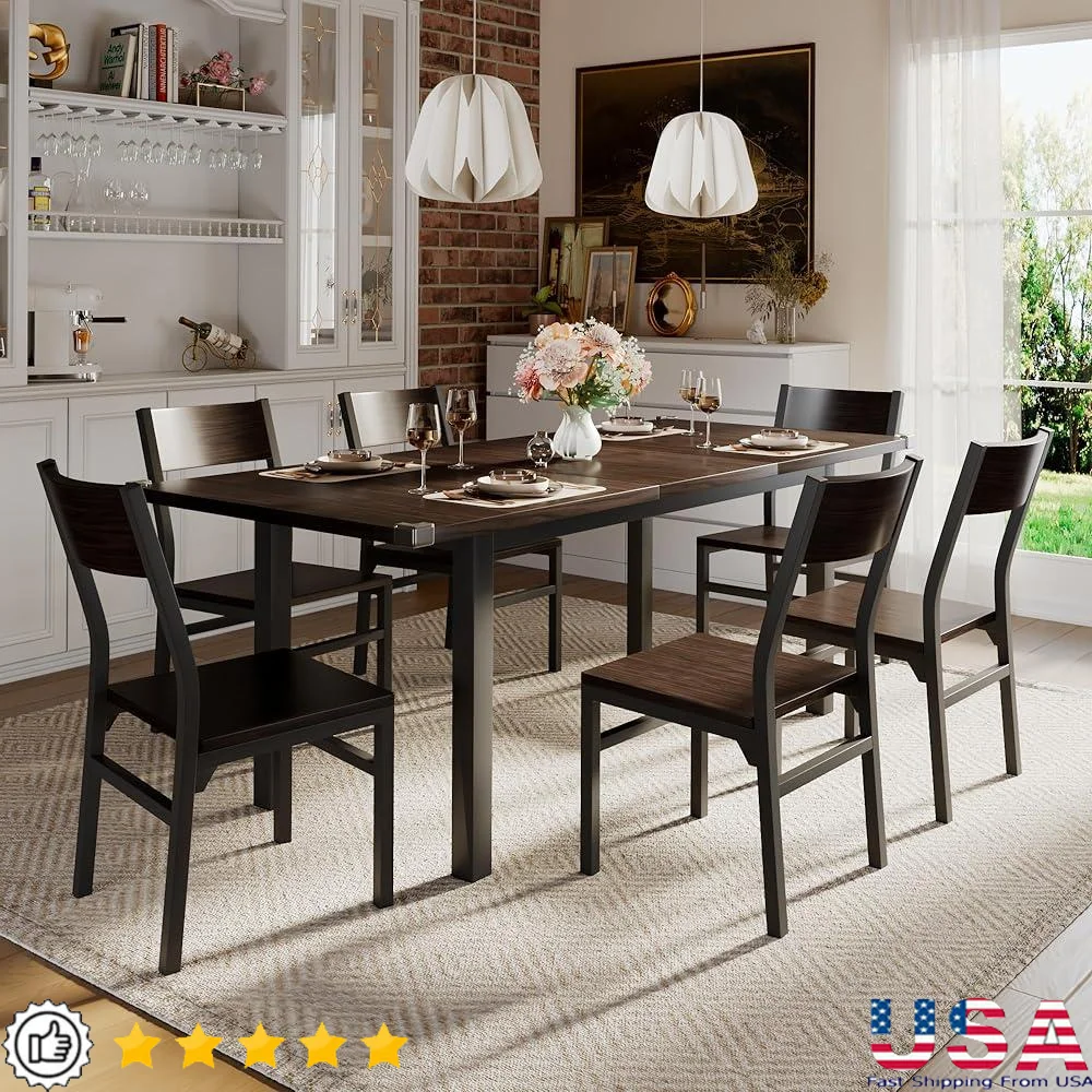 Extendable Dining Table Set with 6 Chairs MDF Board Metal Structure Modern Kitchen Furniture 4-6 People Space-saving Design