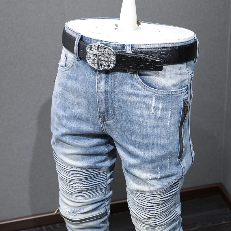 Street Fashion Men Jeans Retro Light Blue Elastic Slim Fit Spliced Biker Jeans Homme Zipper Patched Designer Hip Hop Pants Men