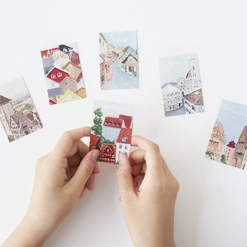 28 Sheets/Set After The Sunset Series Lomo Card Hand Drawn World Architecture Mini Postcard Message Card Christmas Gift