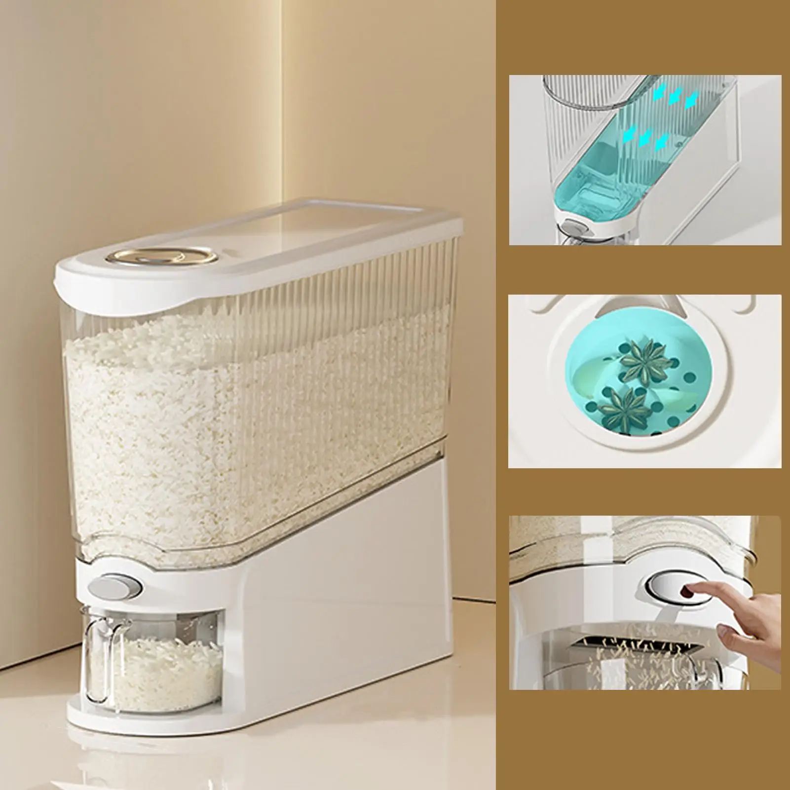 Rice Storage Dispenser 13.23lbs Capacity Press-Type Airtight Dispenser with Measuring Cup Anti-Gnat Anti-Moisture Rice Organizer