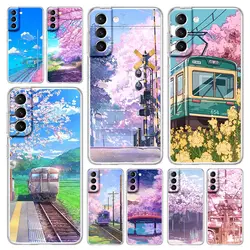 Cherry Japanese Traint Moun Fuji Phone Case For Samsung Galaxy S23 Ultra S22 5G S20 S21 FE 5G S10E S9 S8 S10 Plus Clear Cover