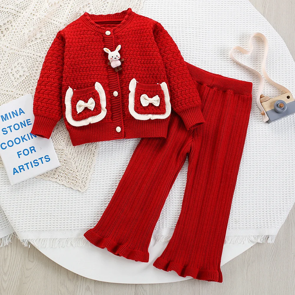 

Girls Knitted Clothes Sets Spring Autumn Children Woolen Jersey Sweaters Coats Pants Kids 2pcs Princess Suit For Baby Outfits 6Y