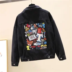 2025 New Autumn Women Short print Denim Jacket Long Sleeves Casual Graffiti Jeans Coat female Loose Black Cowboy Outerwear R340