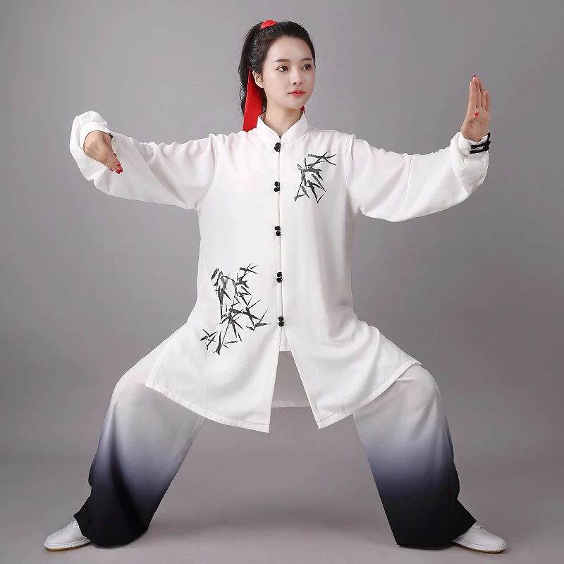 Unisex Tai Chi Suit Spring/Autumn Hand-Painted Bamboo Leaf Pattern Mid-Length Flowing Fabric Martial Arts Training & Performance
