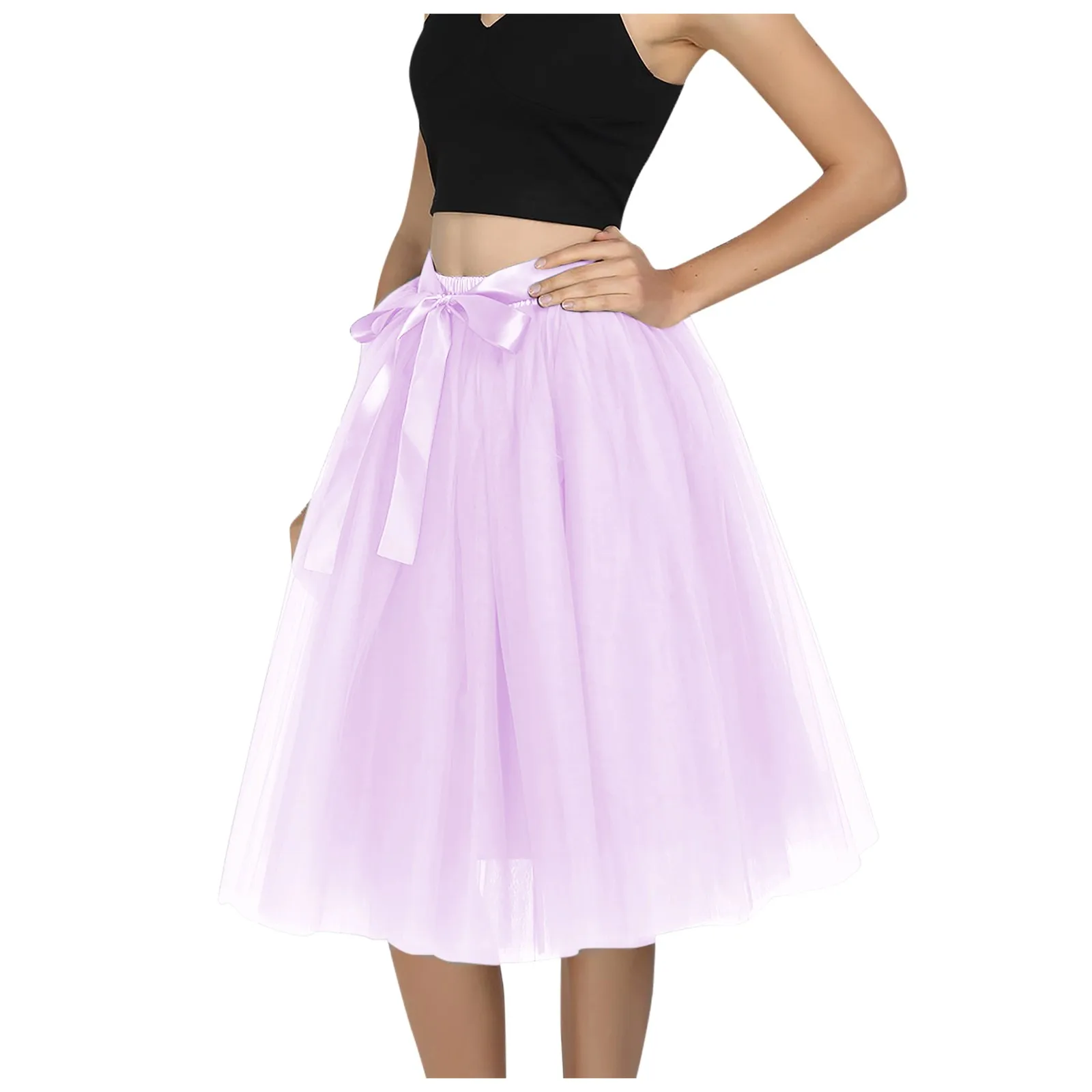 Women Elegant Tulle Skirt Bow Knee-Length Tulle Skirts Solid color High Waist Pleated Skirt Prom Party Gown Skirts Stage Perform