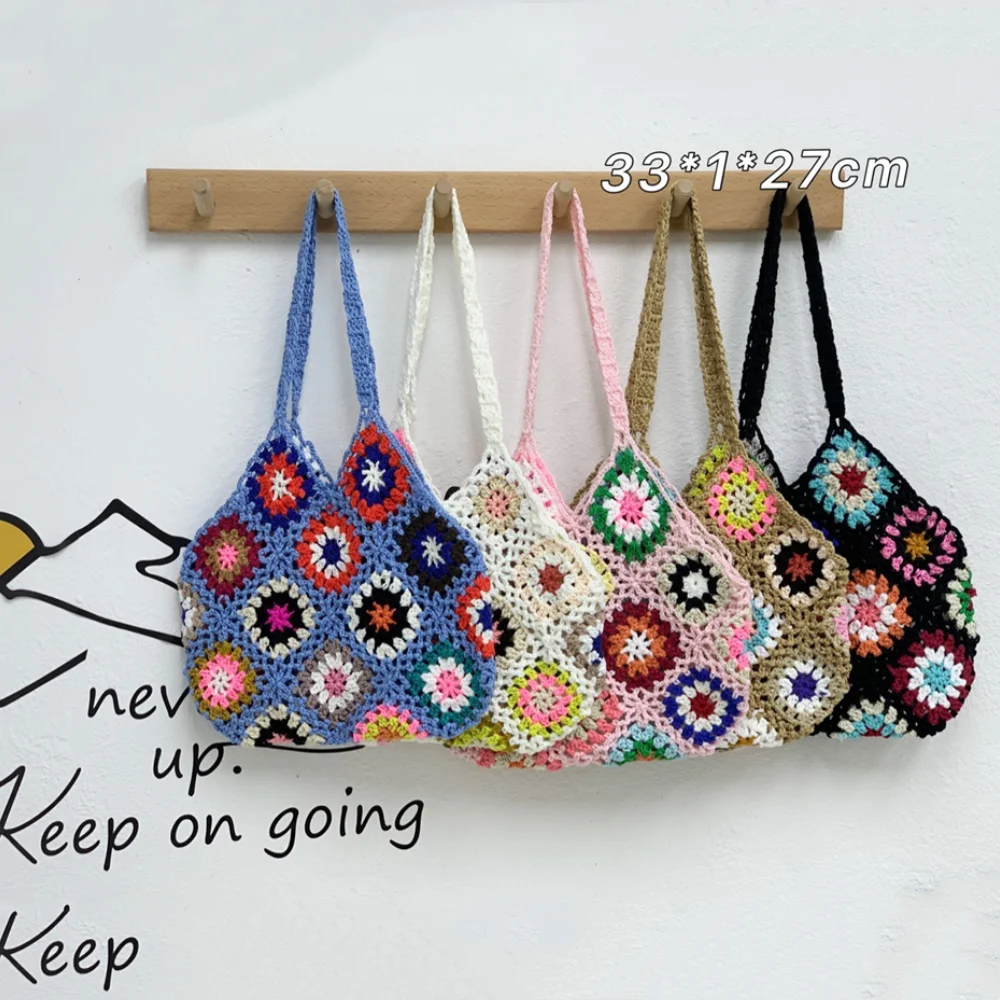 

Bohemian Crochet Women's Shoulder Bags Flower Plaid Lady Handbags Handmade Woven Knitted Summer Beach Bag Small Tote Purses