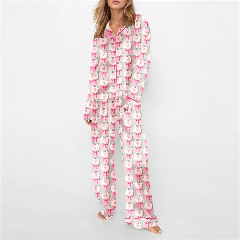 Hirigin Weihnachts-Pyjama-Sets für Damen, 2-teilig, Loungewear, Langarmshirts mit Schleife/Weihnachtsmann/Baum-Aufdruck, Oberteile und Hosen, Nachtwäsche-Outfits