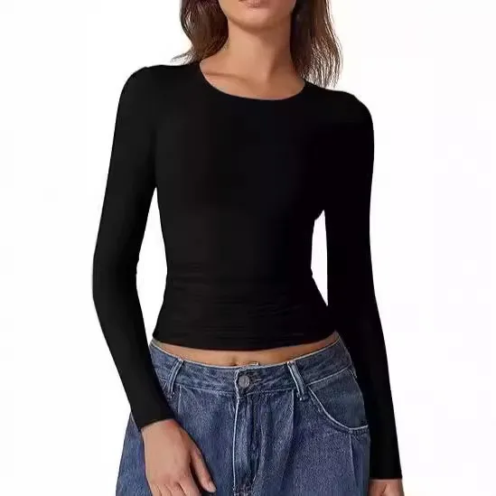 Camiseta de manga larga con cuello redondo y base de seda de leche, ajustada, para mujer, playeras para mujer