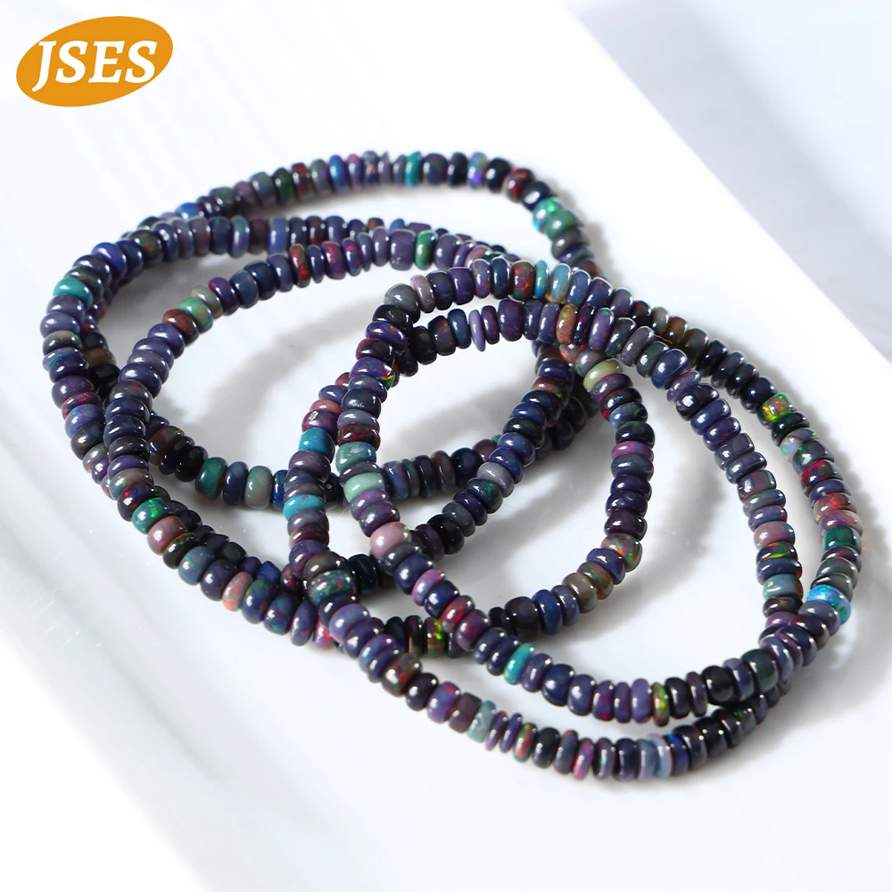 Top Genuine Natural Australia Black Opal Rondelle Beads Bracelet 4.8-5mm Elastic Gemstone Bead Bangle for Jewelry Making Gifts