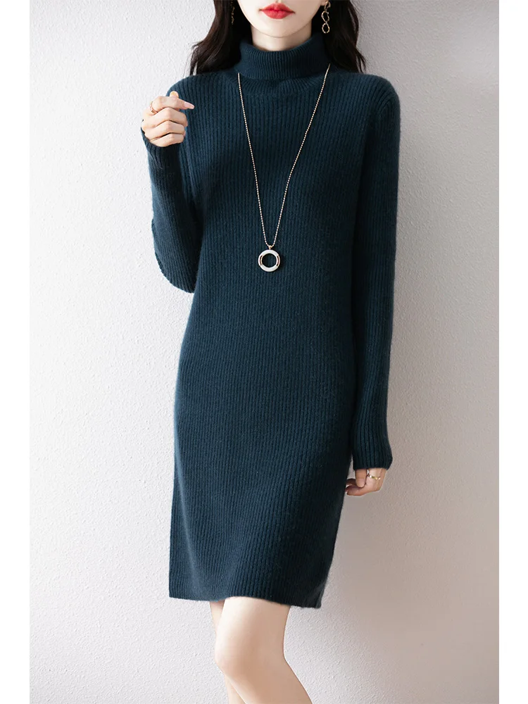 

Women's Wool Short Dress Cashmere Turtleneck Pullover Sweater Autumn Winter 100% Merino Wool Knitwear Office Lady Basic Dress