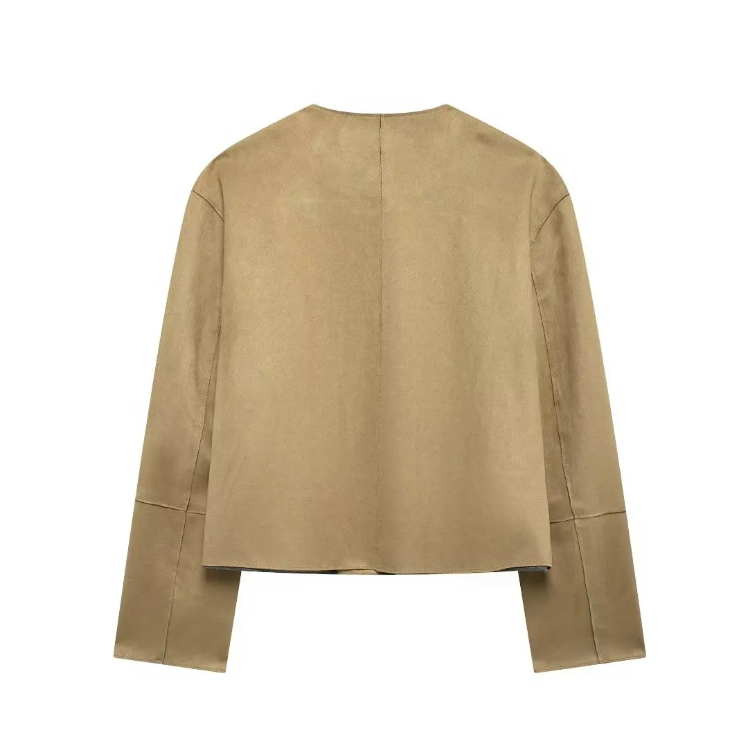 Tangada 2024 Women Suede Crop Jacket Buttons Long Sleeve Female Coat Outwear 3H0910