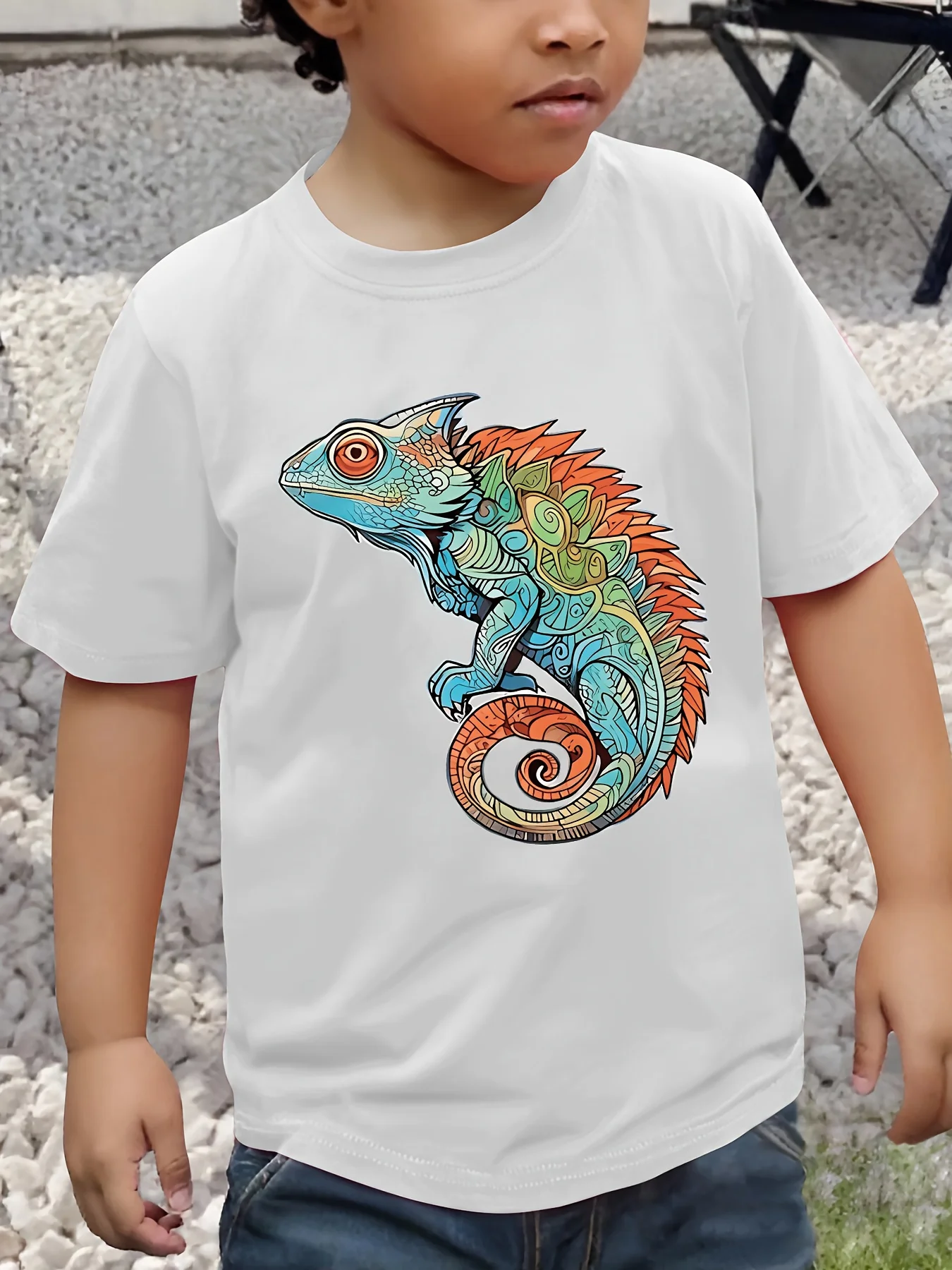 Colorful Tribal Chameleon Kid Tee Lizard Animal Print Boy Girls Family Matching Cotton Summer Short Sleeve Basic Children Tshirt