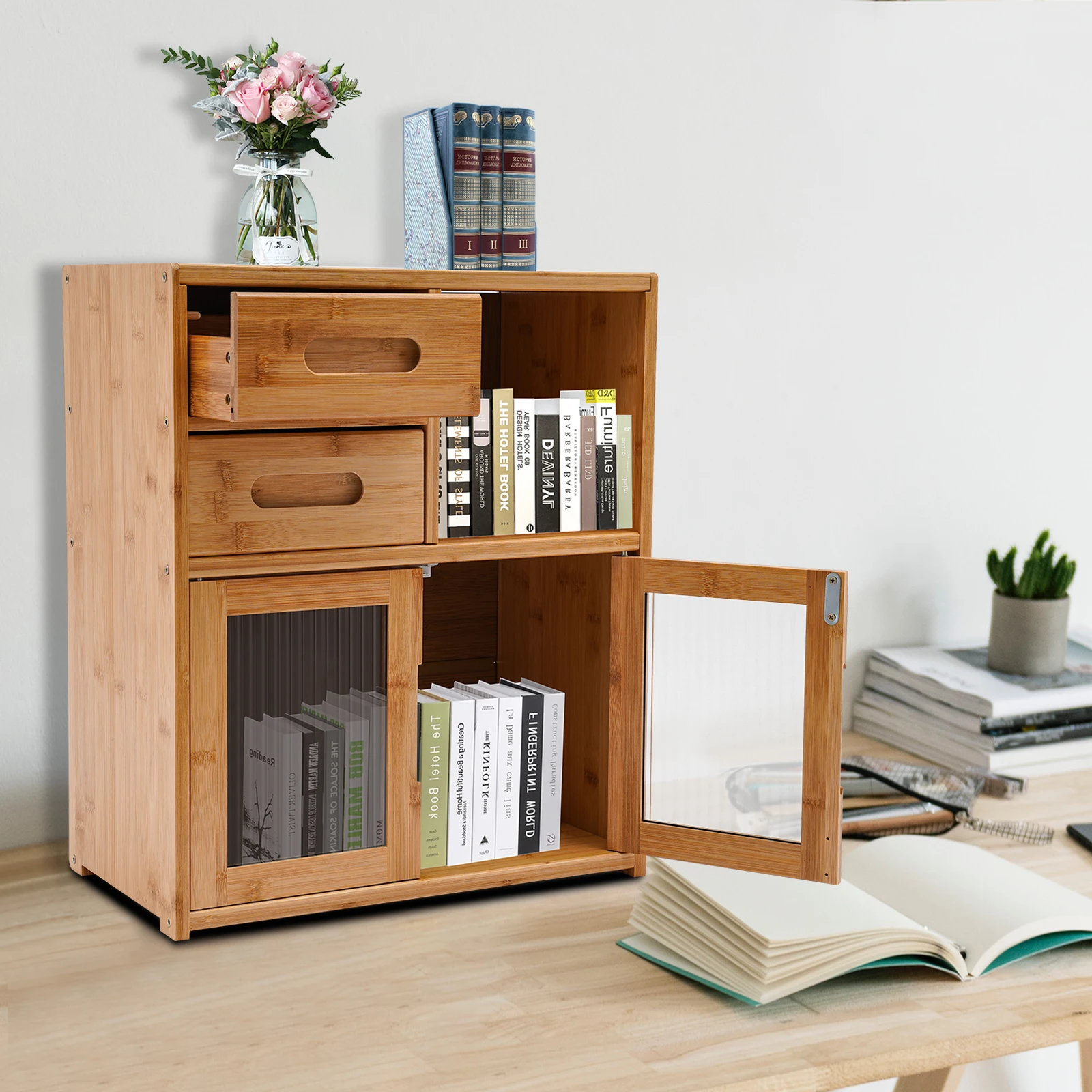 

Бамбуковый отдельно стоящий кухонный сервант, шкаф для хранения с регулируемыми полками для организации кухни и столовой