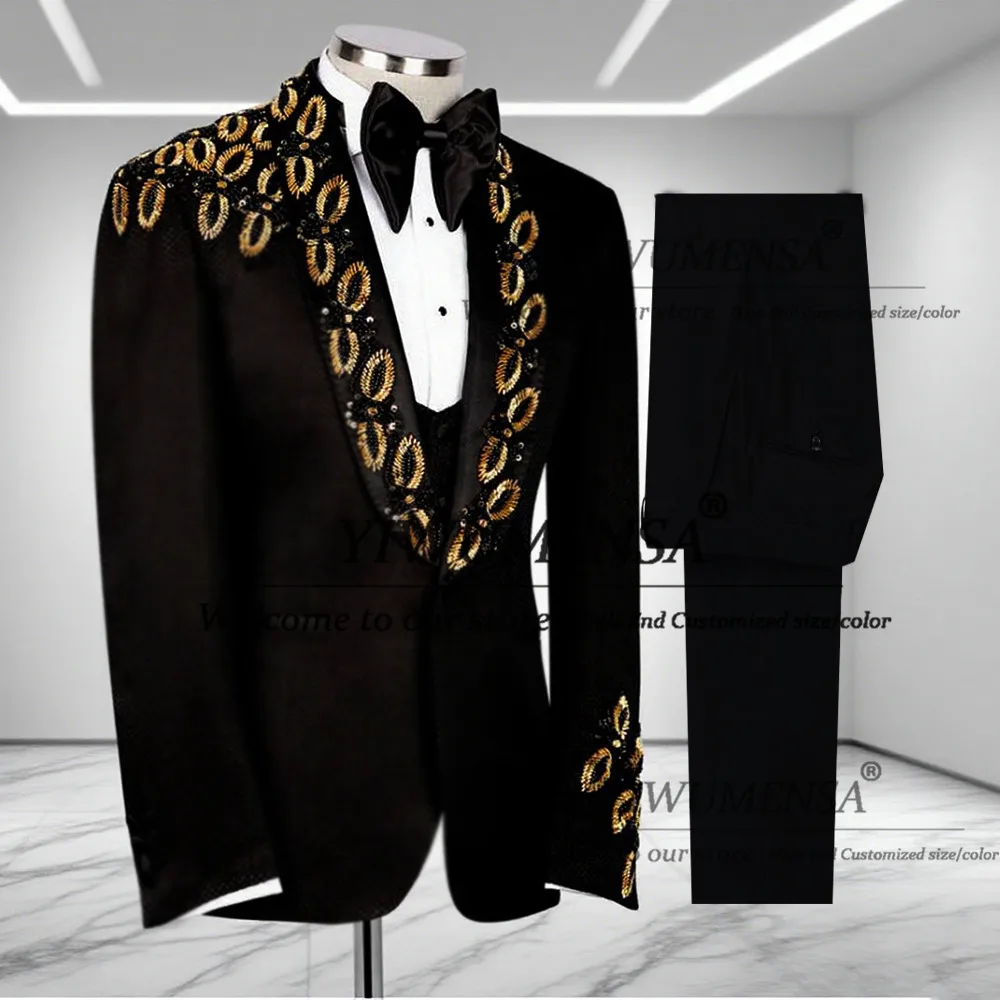 

Luxury Beaded Wedding Suits For Men 3 Pieces Sets Single Breasted Prom Blazers Customized Man Banquet Party Tuxedo Costume Homme