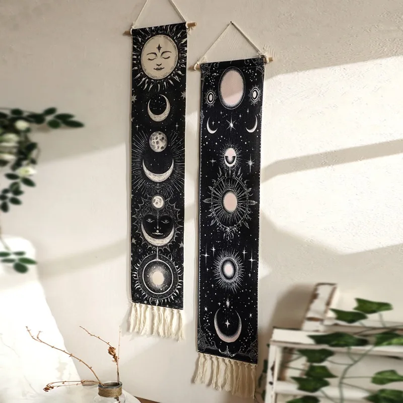 Bohemian Sun and Moon Hand Woven Tapestry with Fringe Artistic Print Pattern for Living Room Bedroom or Studio Wall Decor
