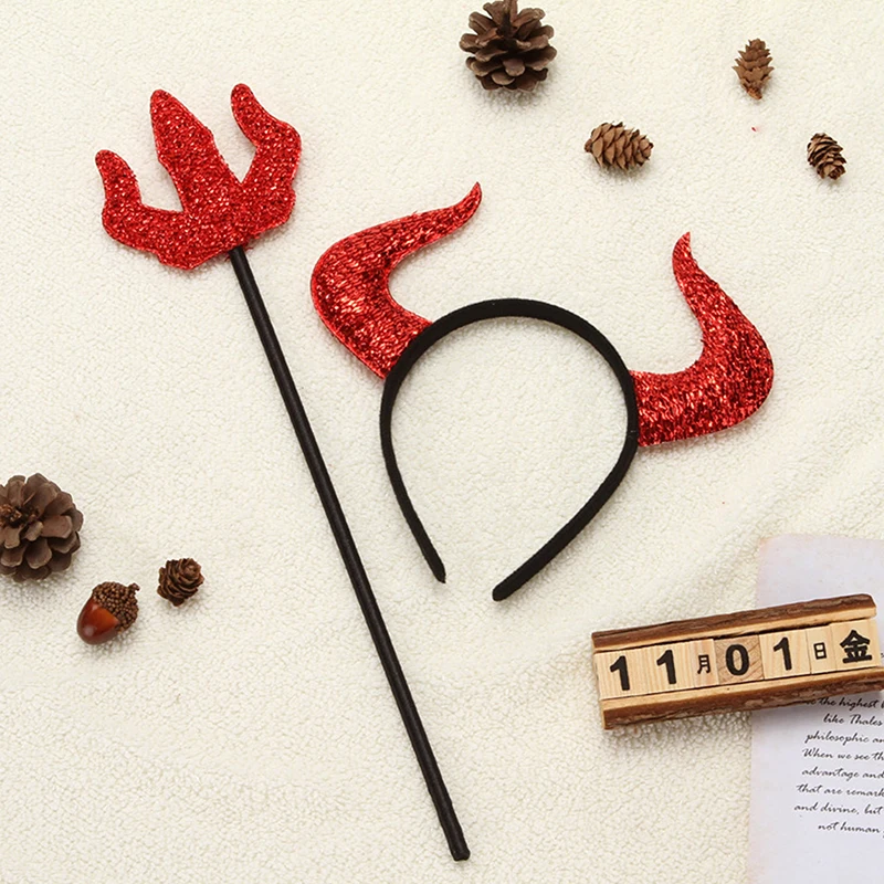 2 unids/set Halloween cuerno de buey diadema tenedor conjunto accesorios de disfraz de fiesta muletas del diablo Cosplay demonio divertido tocado rojo Decoración
