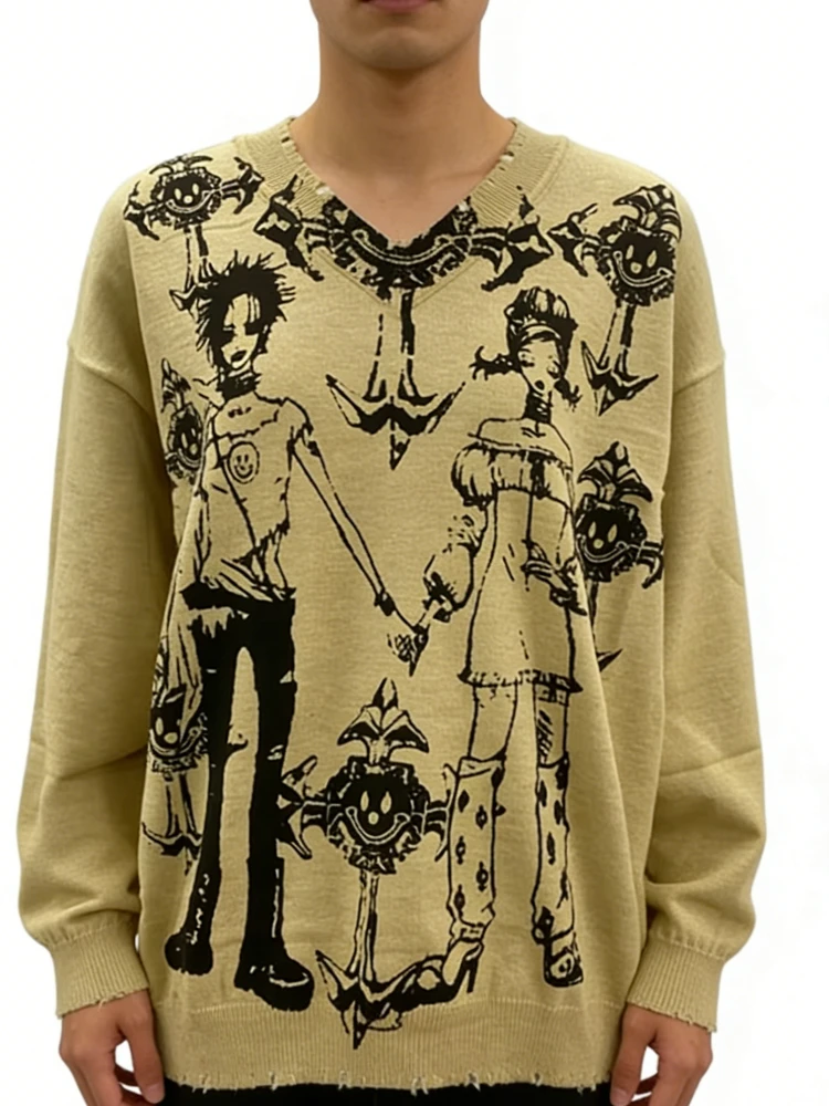 

Новый стиль 2026 года: темный ретро-свитер с жаккардовым узором, в американском уличном стиле хип-хоп, свободный топ с V-образным вырезом, одежда в стиле Y2K.