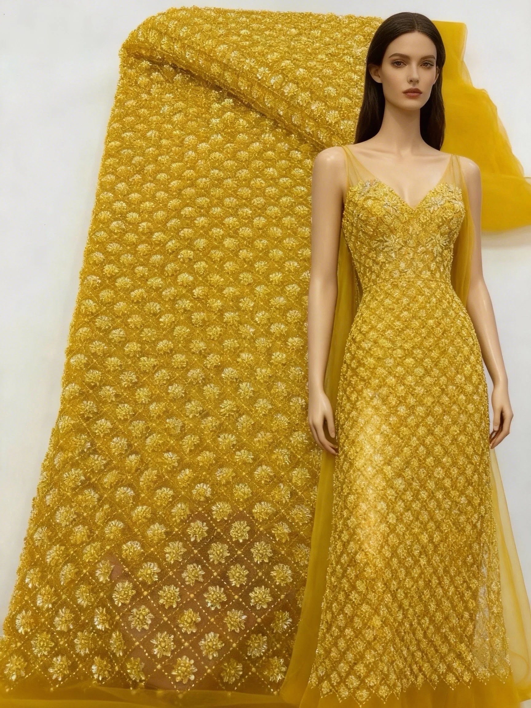 

Gold Luxurious African Groom Sequins Lace Fabric High Quality 2025 Heavy Beads Embroidery French Tulle Lace For Wedding Dresses