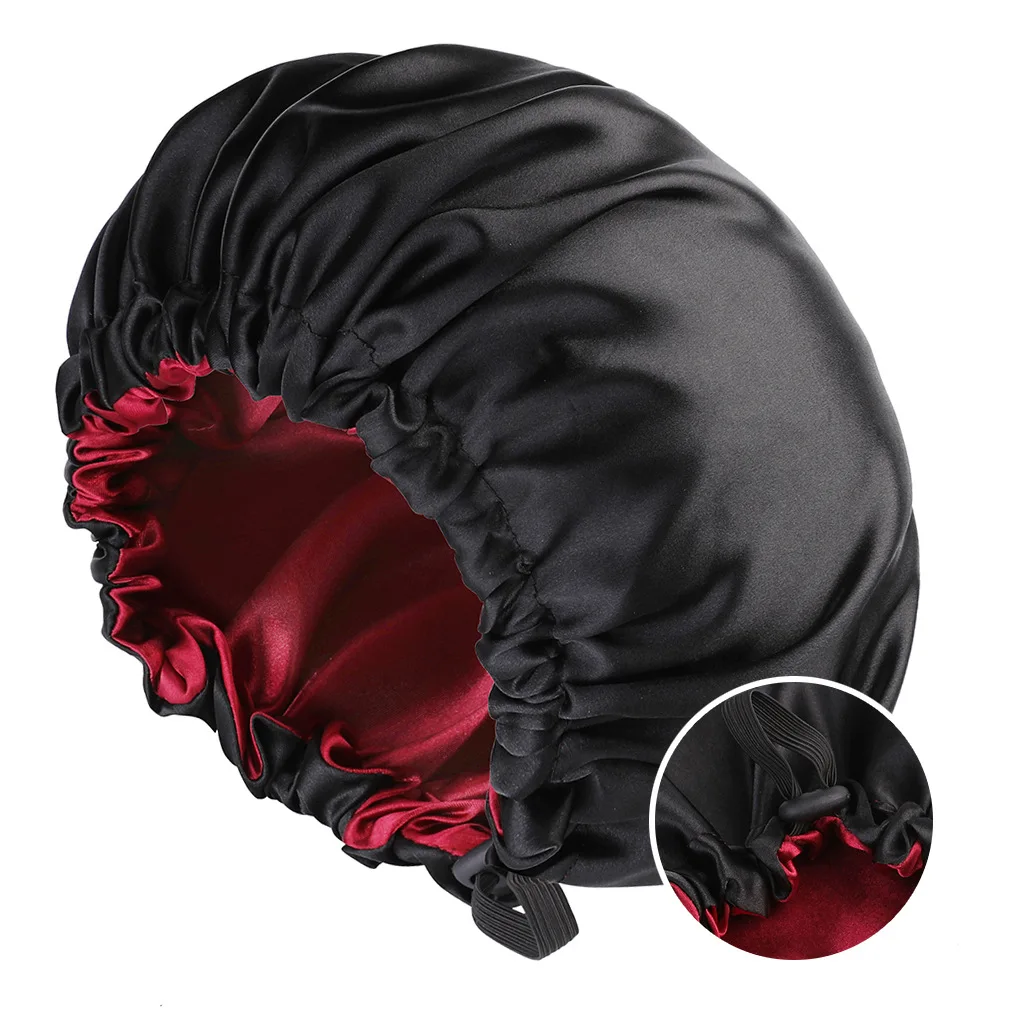 Fashionable Bonnet Solid Color Silky Satin Fabric Elastic Button Double Layer Sleep Hair Hat