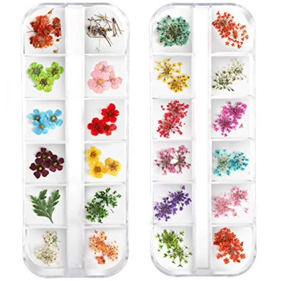 

Teenior 24 Colors Nail Dried Flowers 3D Nail Art Sticker for Tips Manicure Decor Mixed Accessories Starry Leaves Flower Design